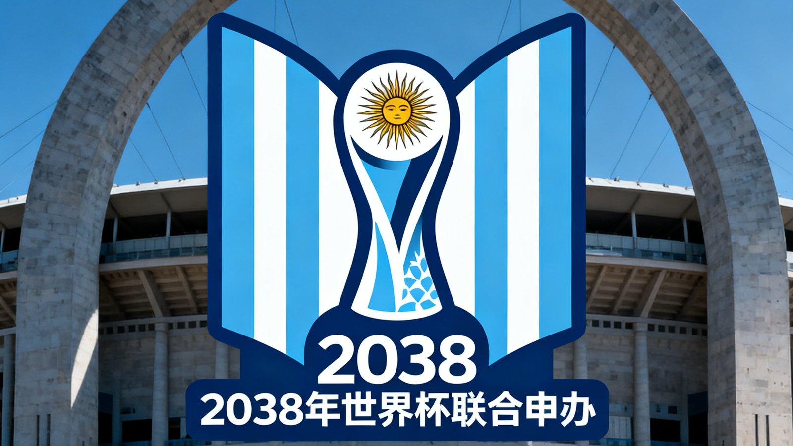 阿根廷与乌拉圭联合申办2038年世界杯的官方标识展示图，融合了两国国旗的蓝白条纹元素和百年纪念字样，背景为蒙得维的亚世纪球场的经典拱门建筑。