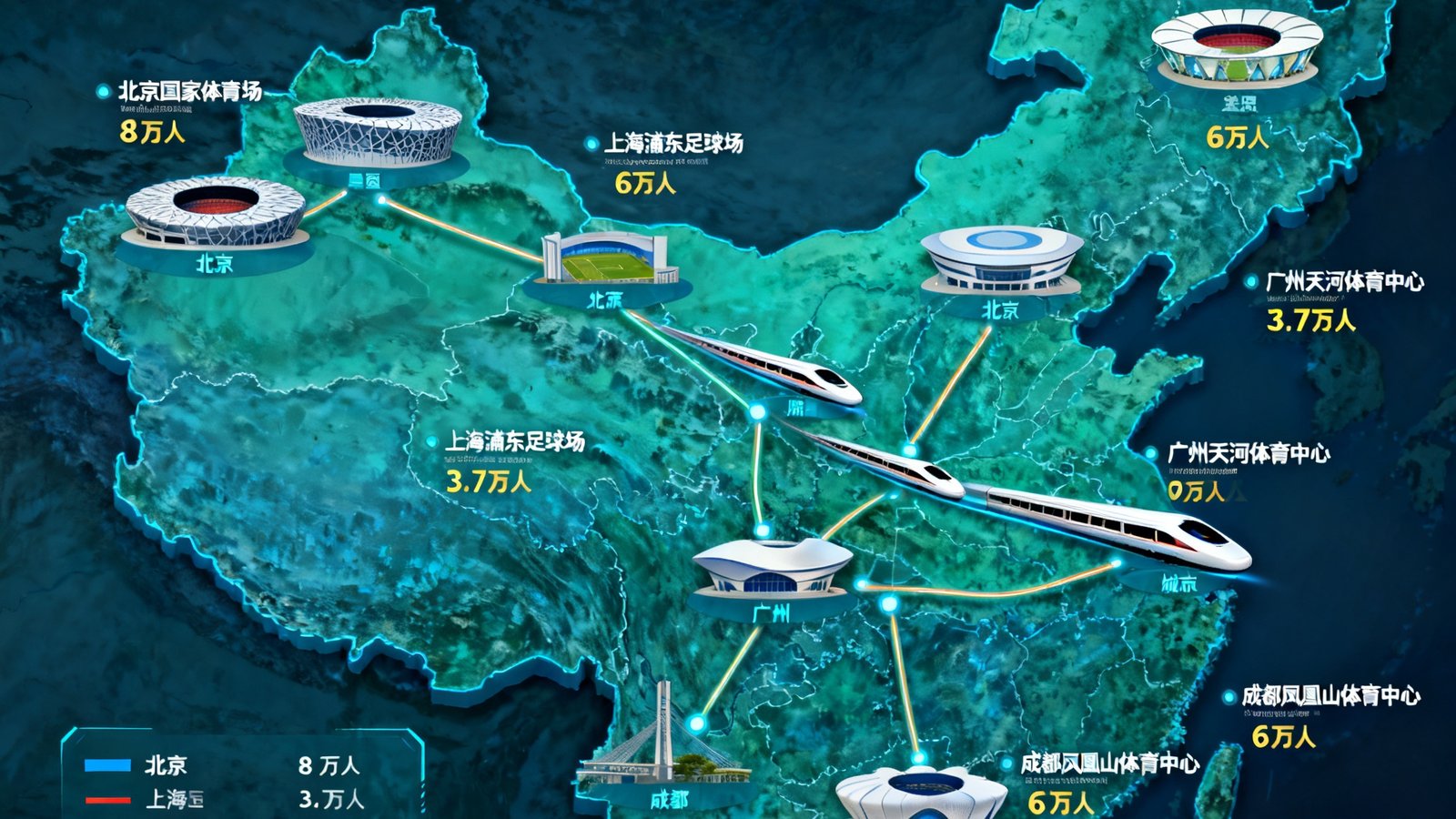 中国申办2038年世界杯的12座城市地理分布示意图，以高铁线路连接北京、上海、广州、成都等城市，每个城市标注了对应的现代化足球场馆名称和容量数据。