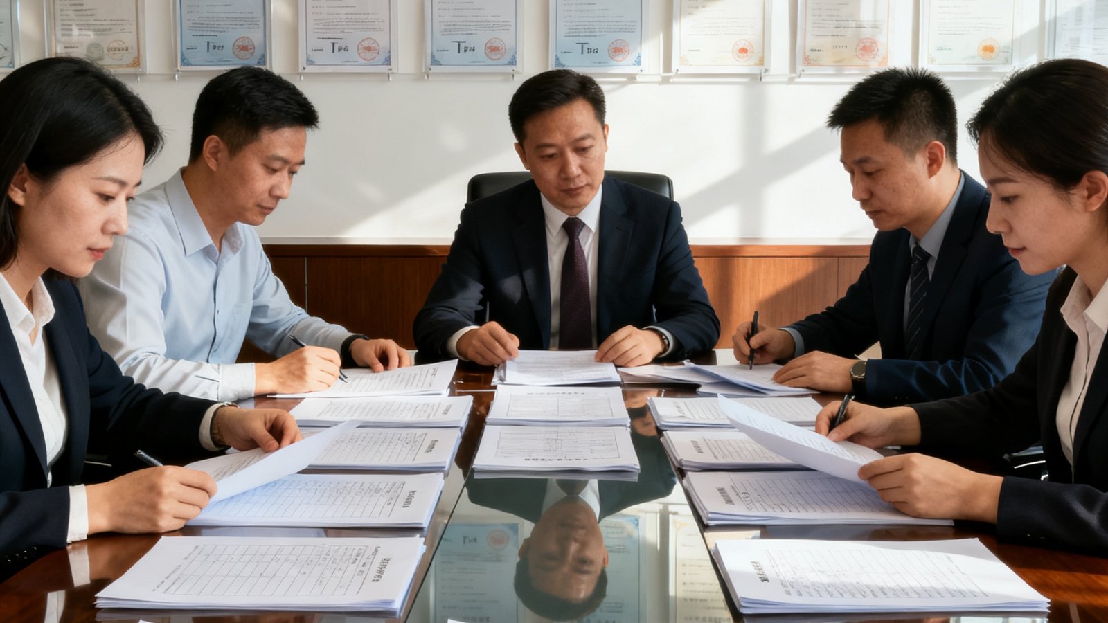 PA集团合规审计团队的办公场景特写，桌面上整齐排列着审计底稿与合规检查清单，团队成员正在进行交叉复核，背景可见ISO认证证书与企业资质文件展示墙
