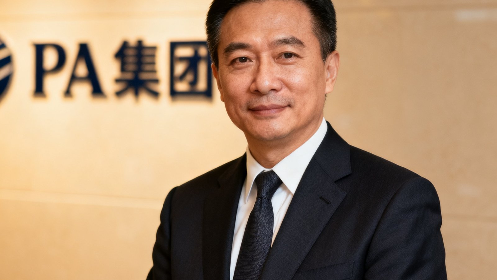 PA集团中国首席执行官James Chen的商务肖像照，他身着深色西装站在公司标志墙前，神情自信沉稳，背景中PA集团标志隐约可见