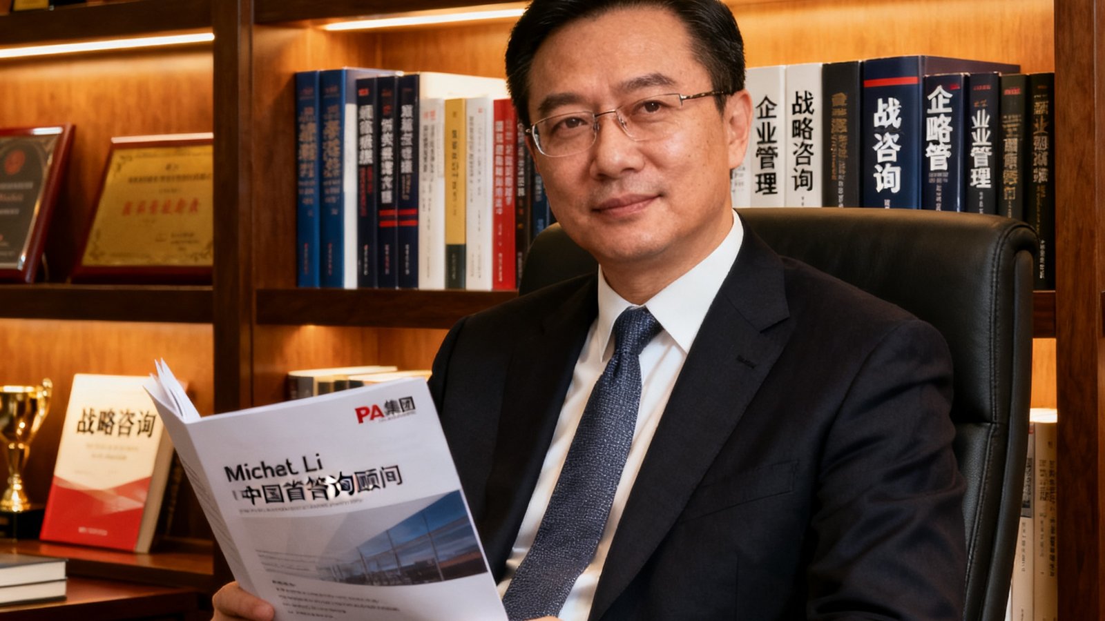 PA集团中国首席咨询顾问Michael Li的肖像，他坐在书房式办公室内，身后书架上摆满专业书籍与荣誉奖杯，手中拿着一份咨询报告